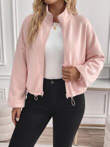 SHEIN Tall CURVE Plus Size Minimalist Casual Baggy Zipper Long Sleeve Pocket Drawstring Sweatshirt Fall Vacation Going Out Light Pink - Baby Pink - View 4