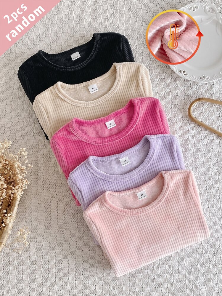 5pcs Randomly Sent 2pcs Autumn/Winter Girls Soft Comfortable Double-Sided Vertical Striped Fleece Pink Deep Pink Khaki Purple Black Multi-Color Randomly Sent Soft Comfortable Simple Long Sleeve Tops 2pcs Set Can Be Worn As Inner Layer Or Outerwear - Multicolor - View 8