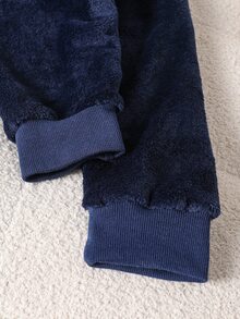 2pcs/Set Boys Knit Round Neck Navy Blue Long Sleeve Pants English Embroidery Pattern Simple Casual Comfortable Soft Flannel Fabric Warm Fleece Lined Loungewear Winter - Multicolor - View 5