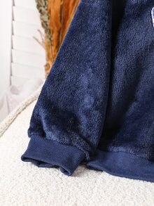 2pcs/Set Boys Knit Round Neck Navy Blue Long Sleeve Pants English Embroidery Pattern Simple Casual Comfortable Soft Flannel Fabric Warm Fleece Lined Loungewear Winter - Multicolor - View 8