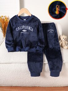 2pcs/Set Boys Knit Round Neck Navy Blue Long Sleeve Pants English Embroidery Pattern Simple Casual Comfortable Soft Flannel Fabric Warm Fleece Lined Loungewear Winter - Multicolor - View 3