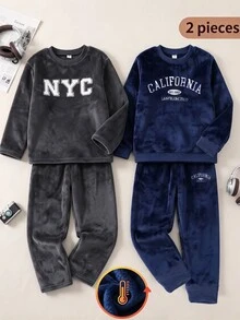 2pcs/Set Boys Knit Round Neck Navy Blue Long Sleeve Pants English Embroidery Pattern Simple Casual Comfortable Soft Flannel Fabric Warm Fleece Lined Loungewear Winter - Multicolor - View 1