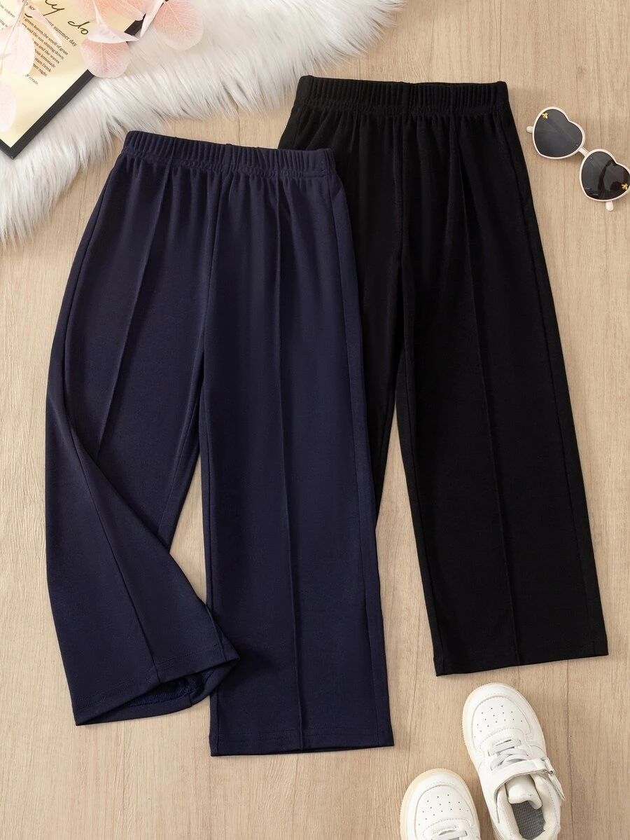 SHEIN بنطلون طويل مستقيم الساق بخصر مطاطي كاجوال عصري للفتيات، مناسب للارتداء اليومي والخروجات، فصل الخريف و - متعدد الألوان - مشاهدة 1