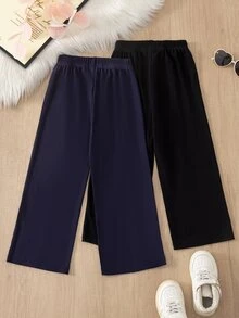 SHEIN بنطلون طويل مستقيم الساق بخصر مطاطي كاجوال عصري للفتيات، مناسب للارتداء اليومي والخروجات، فصل الخريف و - متعدد الألوان - مشاهدة 2