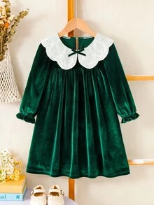 SHEIN 女童綠色天鵝絨洋裝，網紗荷葉領長袖娃娃裙，優雅聖誕生日秋季洋裝，時尚母女套裝可愛綠色洋裝 - 綠色 - 查看 8