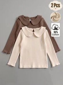 SHEIN Elladie kids 2Pcs Girls Solid Color Ribbed Long Sleeve Peter Pan Collar Top, Soft Cotton Autumn/Winter Casual Sweet T-Shirt - Multicolor - View 7
