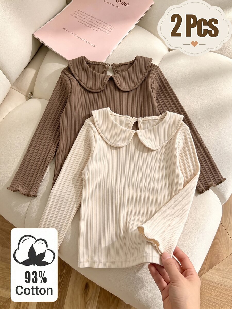 SHEIN Elladie kids 2Pcs Girls Solid Color Ribbed Long Sleeve Peter Pan Collar Top, Soft Cotton Autumn/Winter Casual Sweet T-Shirt - Multicolor - View 1