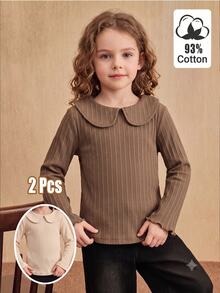 SHEIN Elladie kids 2Pcs Girls Solid Color Ribbed Long Sleeve Peter Pan Collar Top, Soft Cotton Autumn/Winter Casual Sweet T-Shirt - Multicolor - View 6