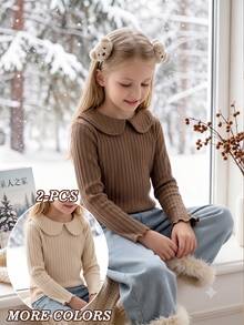 SHEIN Elladie kids 2Pcs Girls Solid Color Ribbed Long Sleeve Peter Pan Collar Top, Soft Cotton Autumn/Winter Casual Sweet T-Shirt - Multicolor - View 4