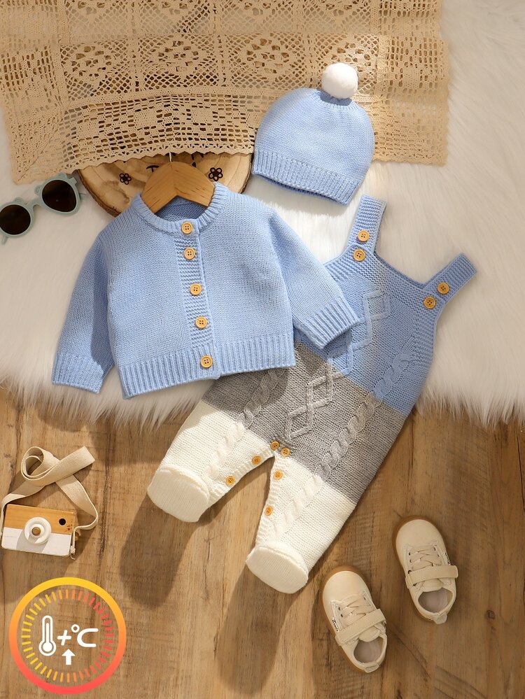 Newborn Colorblock Knit 3 Pieces Set, Crew Neck Cardigan + Contrast Color Overall Pants With Socks + Pom Pom Hat, Baby Spring/Autumn/Winter Sweater Outfit, Full Set Gift For Baby, Suitable For Daily Wear, Family Gatherings, Travel, Vacation And Outings - Blue - View 4