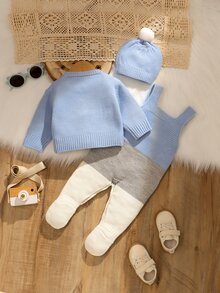新生兒拼色針織3件套，圓領開襟衫 + 對比色吊帶褲附襪子 + 毛球帽，嬰兒春秋冬季毛衣套裝，全套禮品，適合日常穿著、家庭聚會、旅行、度假與外出 - 藍色 - 查看 2