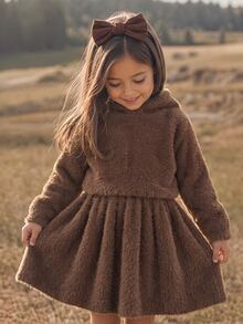 SHEIN Young Girl Brown Hooded Faux Mink Fur Sweater & Knitted Skirt Set Autumn Winter - Coffee Brown - View 1