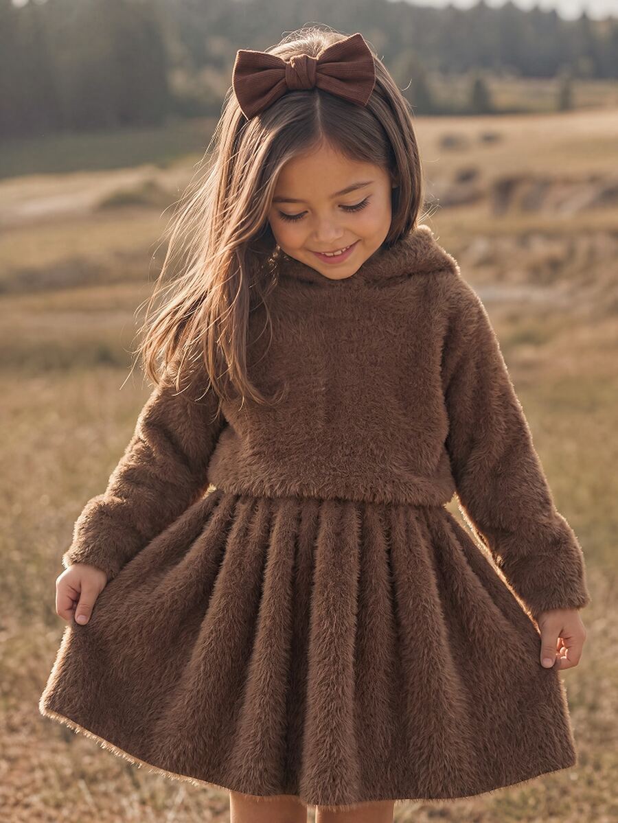 SHEIN Young Girl Brown Hooded Faux Mink Fur Sweater & Knitted Skirt Set Autumn Winter - Coffee Brown - View 1