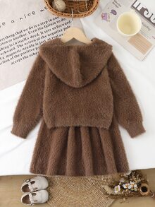 SHEIN Young Girl Brown Hooded Faux Mink Fur Sweater & Knitted Skirt Set Autumn Winter - Coffee Brown - View 2