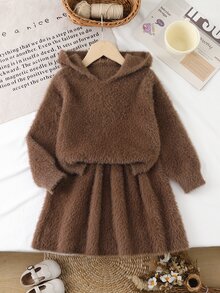 SHEIN Young Girl Brown Hooded Faux Mink Fur Sweater & Knitted Skirt Set Autumn Winter - Coffee Brown - View 7
