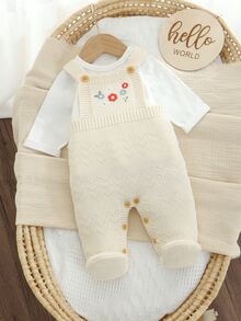 SHEIN Bộ jumpsuit len dệt họa tiết hoa phong cách thường ngày cho trẻ sơ sinh, mùa thu đông - Màu be - Xem 6