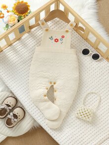 SHEIN Bộ jumpsuit len dệt họa tiết hoa phong cách thường ngày cho trẻ sơ sinh, mùa thu đông - Màu be - Xem 5