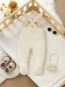 SHEIN Bộ jumpsuit len dệt họa tiết hoa phong cách thường ngày cho trẻ sơ sinh, mùa thu đông - Màu be - Xem 2