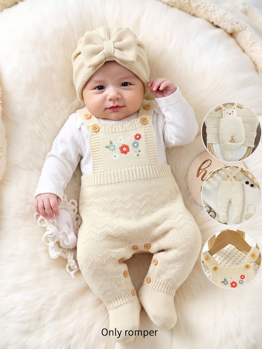 SHEIN Bộ jumpsuit len dệt họa tiết hoa phong cách thường ngày cho trẻ sơ sinh, mùa thu đông - Màu be - Xem 1