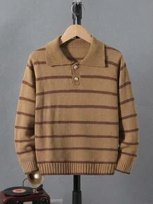 SHEIN 1件男童毛衣，經典百搭 Polo 領鈕扣設計，經典拼色棕色條紋拼接，落肩款，休閒學院風，秋季 - 彩色 - 查看 12