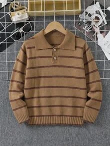 SHEIN 1件男童毛衣，經典百搭 Polo 領鈕扣設計，經典拼色棕色條紋拼接，落肩款，休閒學院風，秋季 - 彩色 - 查看 5
