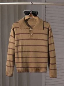SHEIN 1件男童毛衣，經典百搭 Polo 領鈕扣設計，經典拼色棕色條紋拼接，落肩款，休閒學院風，秋季 - 彩色 - 查看 4