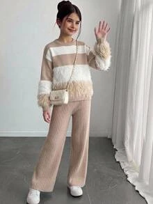 SHEIN Reset Phase 2pcs/Set Autumn/Winter Girls' Round Neck Fuzzy Knit Sweater And Ruffle Hem Long Pants Set - Apricot - View 3