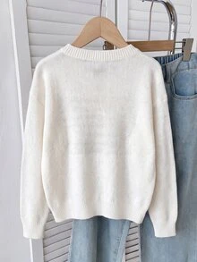 SHEIN 青少年女孩長袖圓領白色針織美國國旗印花套頭毛衣冬季款 - 白色 - 查看 8