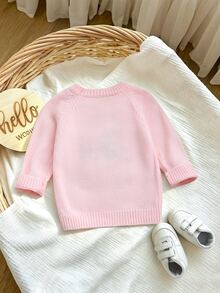 SHEIN 兔子刺繡兒童毛衣，奶油白女童針織開襟衫，花朵兔子嬰兒套頭毛衣 - 粉色 - 查看 2