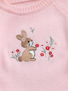 SHEIN 兔子刺繡兒童毛衣，奶油白女童針織開襟衫，花朵兔子嬰兒套頭毛衣 - 粉色 - 查看 4