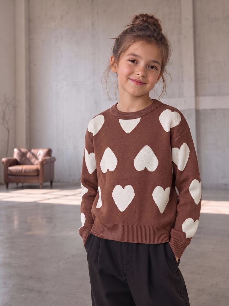 SHEIN Sparklyn Sweater Rajut Jacquard Motif Hati Sederhana Kasual untuk Anak Perempuan, Kemeja Lengan Panjang Musim Gugur/Dingin - Coklat - View 8