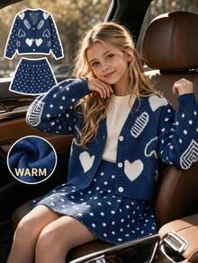 SHEIN Girls' Autumn/Winter Fashion Heart & Bow Knitted Sweater Long Sleeve Cardigan With Black Skirt Set - Navy Blue - View 1