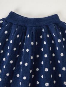 SHEIN Girls' Autumn/Winter Fashion Heart & Bow Knitted Sweater Long Sleeve Cardigan With Black Skirt Set - Navy Blue - View 5