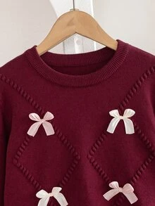 SHEIN Genkimix Kids Tween Girls Outfit Set Burgundy Long Sleeve Crew Neck Sweater And Pleated Skirt Set With Bow Pattern - Burgundy - View 4