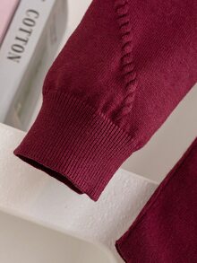 SHEIN Genkimix Kids Tween Girls Outfit Set Burgundy Long Sleeve Crew Neck Sweater And Pleated Skirt Set With Bow Pattern - Burgundy - View 6