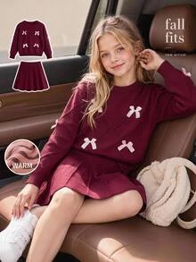 SHEIN Genkimix Kids Tween Girls Outfit Set Burgundy Long Sleeve Crew Neck Sweater And Pleated Skirt Set With Bow Pattern - Burgundy - View 9