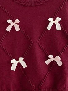 SHEIN Genkimix Kids Tween Girls Outfit Set Burgundy Long Sleeve Crew Neck Sweater And Pleated Skirt Set With Bow Pattern - Burgundy - View 5