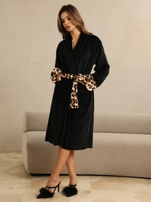 HautHeat Women's Leopard Print Colorblock Casual Daily Home Sleepwear Robe - Black - View 5
