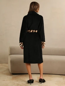 HautHeat Women's Leopard Print Colorblock Casual Daily Home Sleepwear Robe - Black - View 2