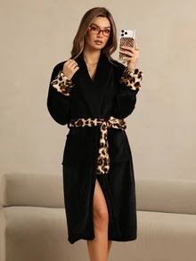 HautHeat Women's Leopard Print Colorblock Casual Daily Home Sleepwear Robe - Black - View 6