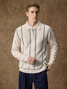 Manfinity Homme 男士 Polo 領半拉鍊長袖套頭毛衣，休閒針織秋冬服飾，米色與白色拼接寬鬆版型通勤穿搭，直條紋與波浪圖案套頭毛衣 - 米色 - 查看 5