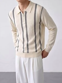 Manfinity Homme 男士 Polo 領半拉鍊長袖套頭毛衣，休閒針織秋冬服飾，米色與白色拼接寬鬆版型通勤穿搭，直條紋與波浪圖案套頭毛衣 - 米色 - 查看 3
