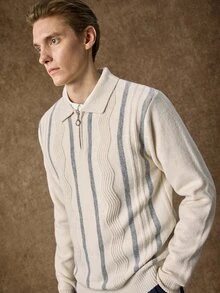 Manfinity Homme 男士 Polo 領半拉鍊長袖套頭毛衣，休閒針織秋冬服飾，米色與白色拼接寬鬆版型通勤穿搭，直條紋與波浪圖案套頭毛衣 - 米色 - 查看 4