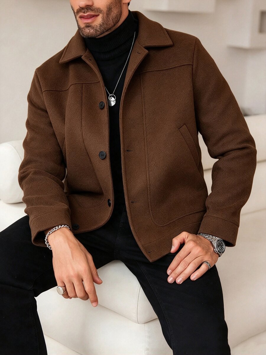 Manfinity Homme معطف قصير رجالي بني قهوة كاجوال للعمل والمكتب وستريت وير لخريف الرجال - قهوة بني - مشاهدة 1