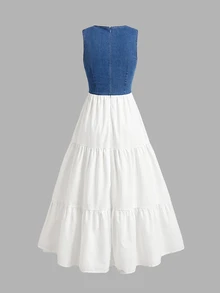 GlowEve CURVE Plus Size Women's Colorblock Pleated Casual Summer Denim Dress - Multicolor - View 2