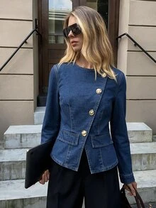 Rivivi Deep Navy Blue Round Neck Asymmetrical Button Slim Fit Denim Jacket With Front Flap Pockets, Darting, Single-Stitch Straight Eyelets, Hand-Sewn Buttons, Commuter Casual Blazer Jacket - Medium Wash - View 3
