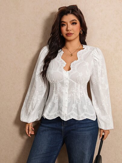Elaquor Plus Size Women's Embroidered Curved V-Neck Lantern Sleeve Single-Breasted Fashion Blouse Elegant Office Business Work Blouse For Women Fall/Winter