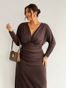 Firerie Brown Waist-Cinched V-Neck Drop Shoulder Long Sleeve Mermaid Maxi Dress/High Elastic Comfortable Elegant Commute Office Work Dress Women Fall/Winter - Brown - View 6