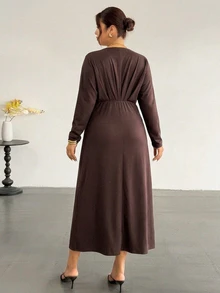Firerie Brown Waist-Cinched V-Neck Drop Shoulder Long Sleeve Mermaid Maxi Dress/High Elastic Comfortable Elegant Commute Office Work Dress Women Fall/Winter - Brown - View 4