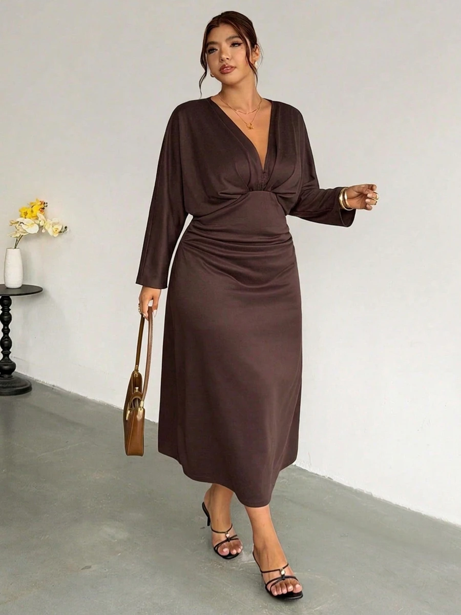 Firerie Brown Waist-Cinched V-Neck Drop Shoulder Long Sleeve Mermaid Maxi Dress/High Elastic Comfortable Elegant Commute Office Work Dress Women Fall/Winter - Brown - View 1